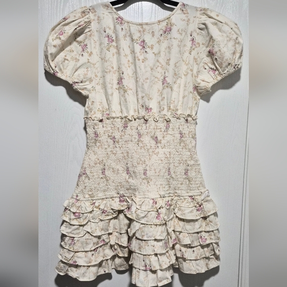 LoveShackFancy Radia Mini V-Neck Smocked Cream Floral Mini Dress Size M - Picture 7 of 9
